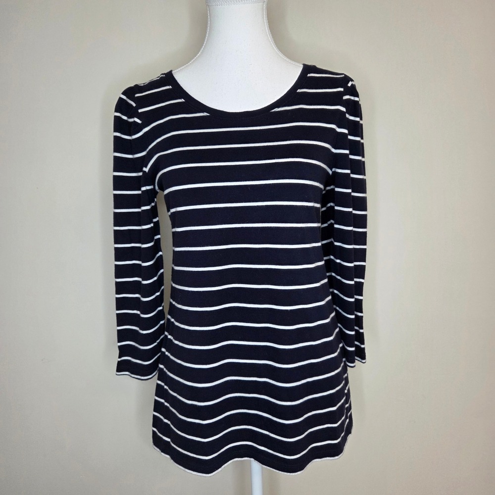 Talbots Womens Navy White Striped Pima‎ Cotton 3/4 Sleeve Scoop Neck Top S